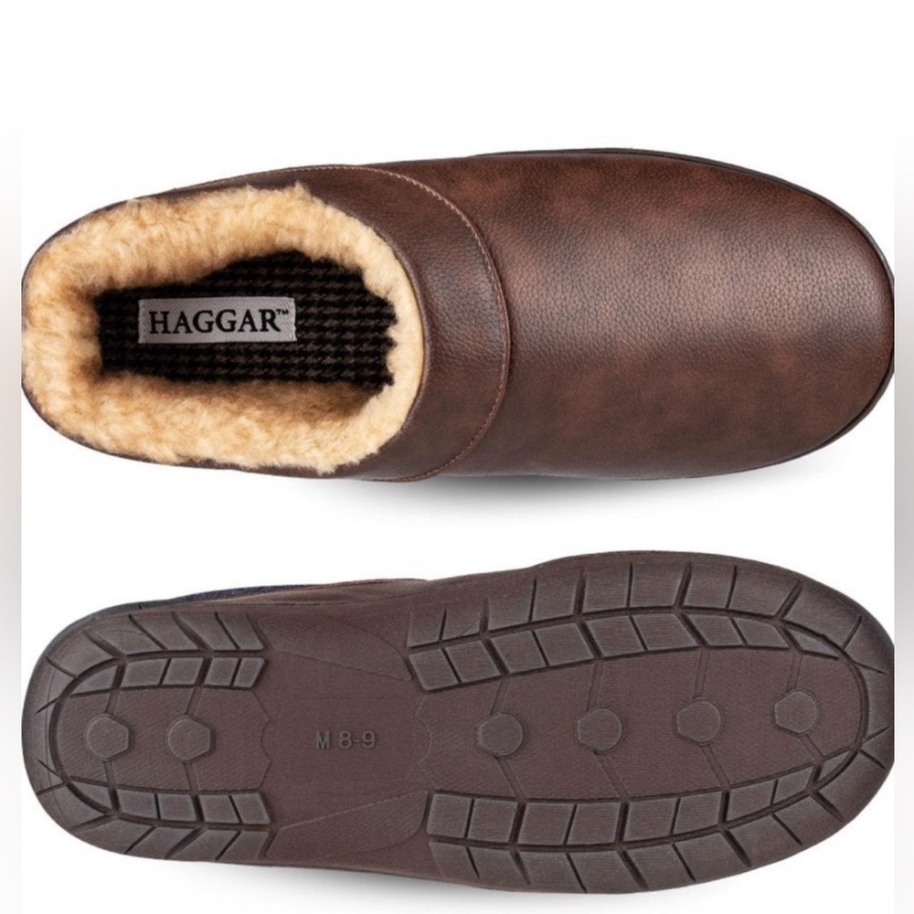 Haggar Brown Faux-Leather Faux-Fur Clog Slippers